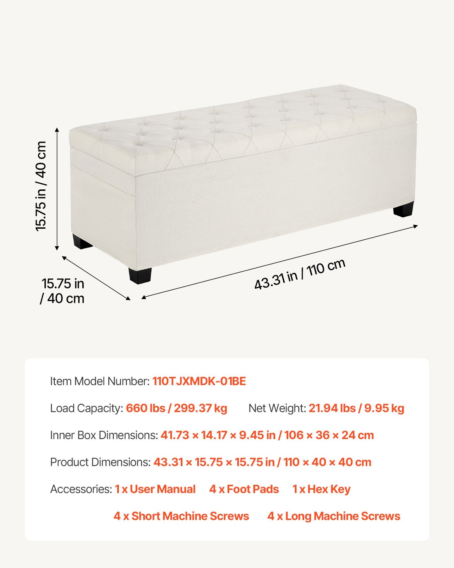 Storage Ottoman Bench, Button-Tufted End of Bed Bench with Side Bags, Flip-up Upholstered Storage Chest with Metal Frame, Linen Bed Ottoman for Living Room, Bedroom, Entryway, Office, Beige