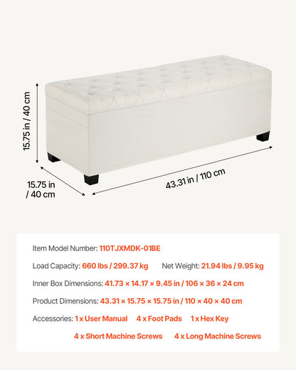 Storage Ottoman Bench, Button-Tufted End of Bed Bench with Side Bags, Flip-up Upholstered Storage Chest with Metal Frame, Linen Bed Ottoman for Living Room, Bedroom, Entryway, Office, Beige