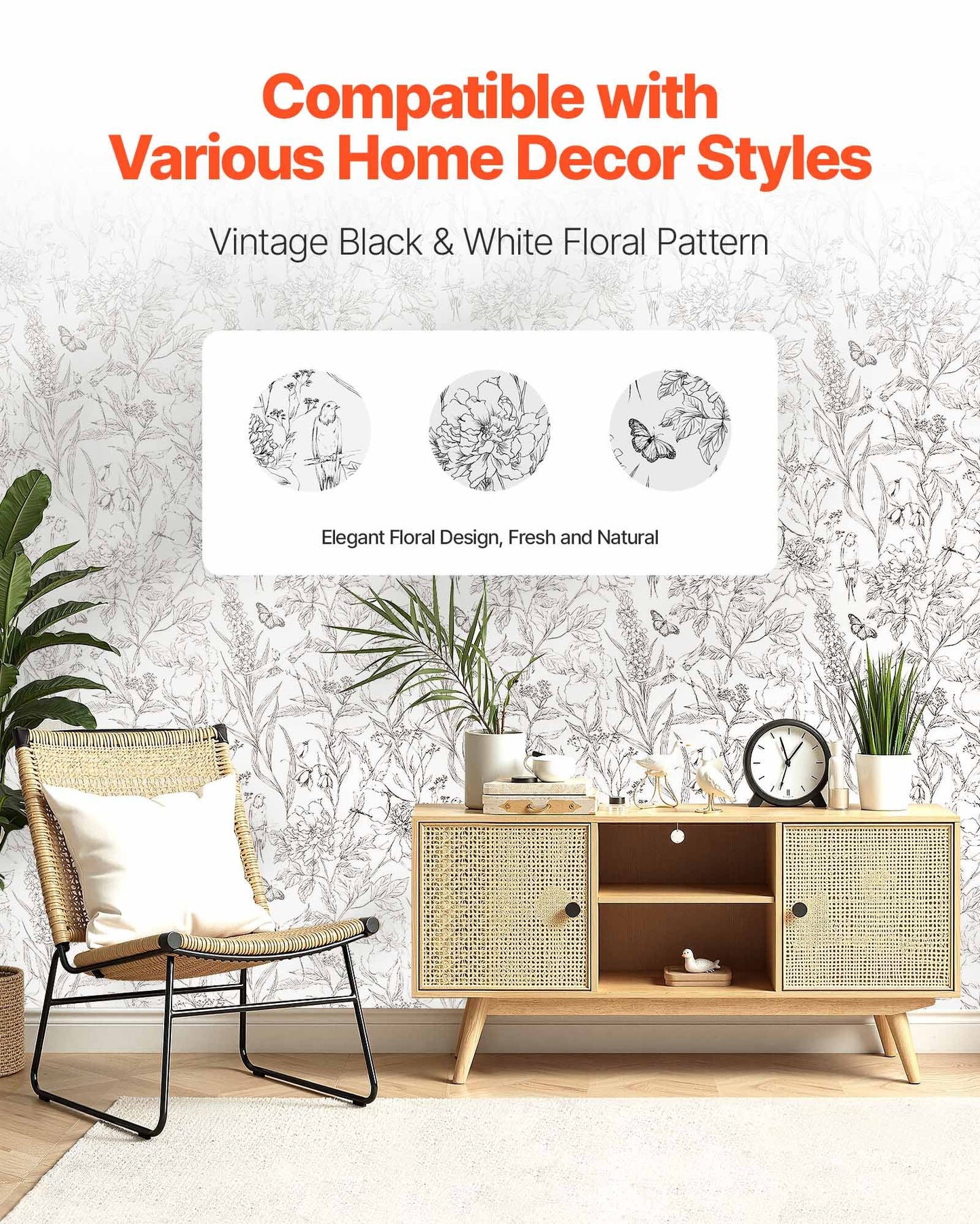 Peel and Stick Wallpaper, 45cm x 10m Contact Paper White Line Art Botanical Floral Waterpoof Self Adhesive, Easy to Clean Wall Decorative Vinyl Roll for Bedroom Kitchen Office Bathroom