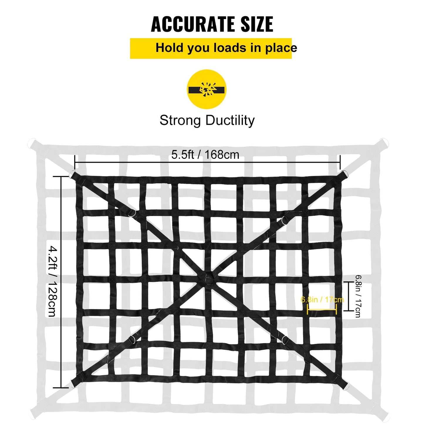Heavy Duty Truck Bed Cargo Net 1.68m x 1.28m, 500kg Capacity with Cam Buckles