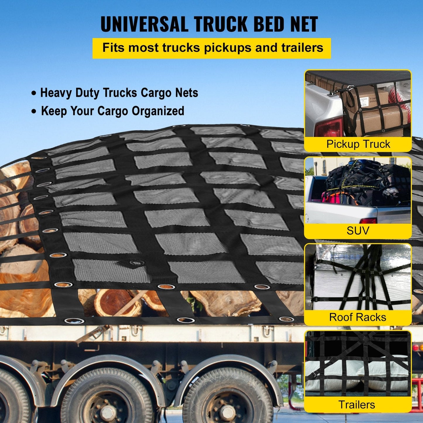 Heavy Duty Polyester Cargo Net with Mesh for Pickup Truck, 2.44 x 2.05 Meters