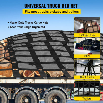 Heavy Duty Polyester Cargo Net with Mesh for Pickup Truck, 2.44 x 2.05 Meters