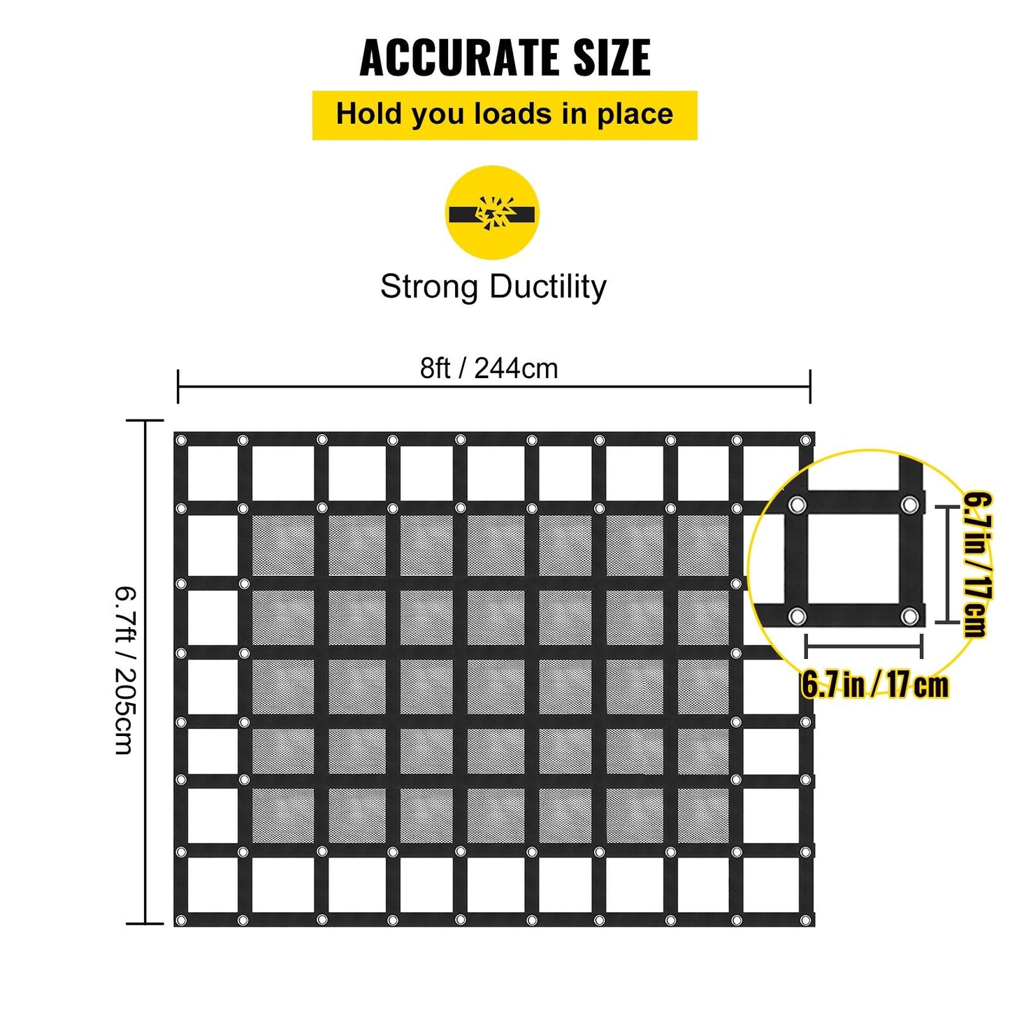 Heavy Duty Polyester Cargo Net with Mesh for Pickup Truck, 2.44 x 2.05 Meters