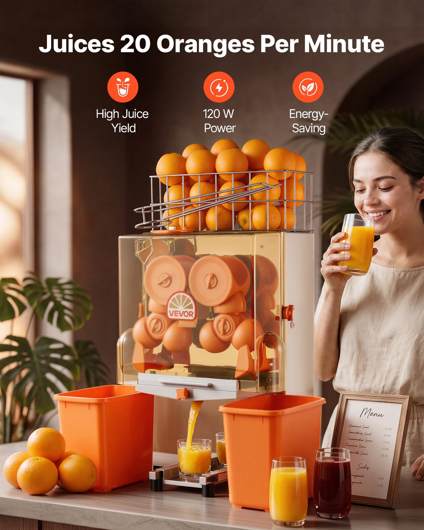 Commercial Orange Juicer Machine, 120W Electric Orange Juice Press, Stainless Steel Orange Squeezer for 20 per Minute, Lemon Citrus Pomegranates Extractor with Peels Collecting Bucket