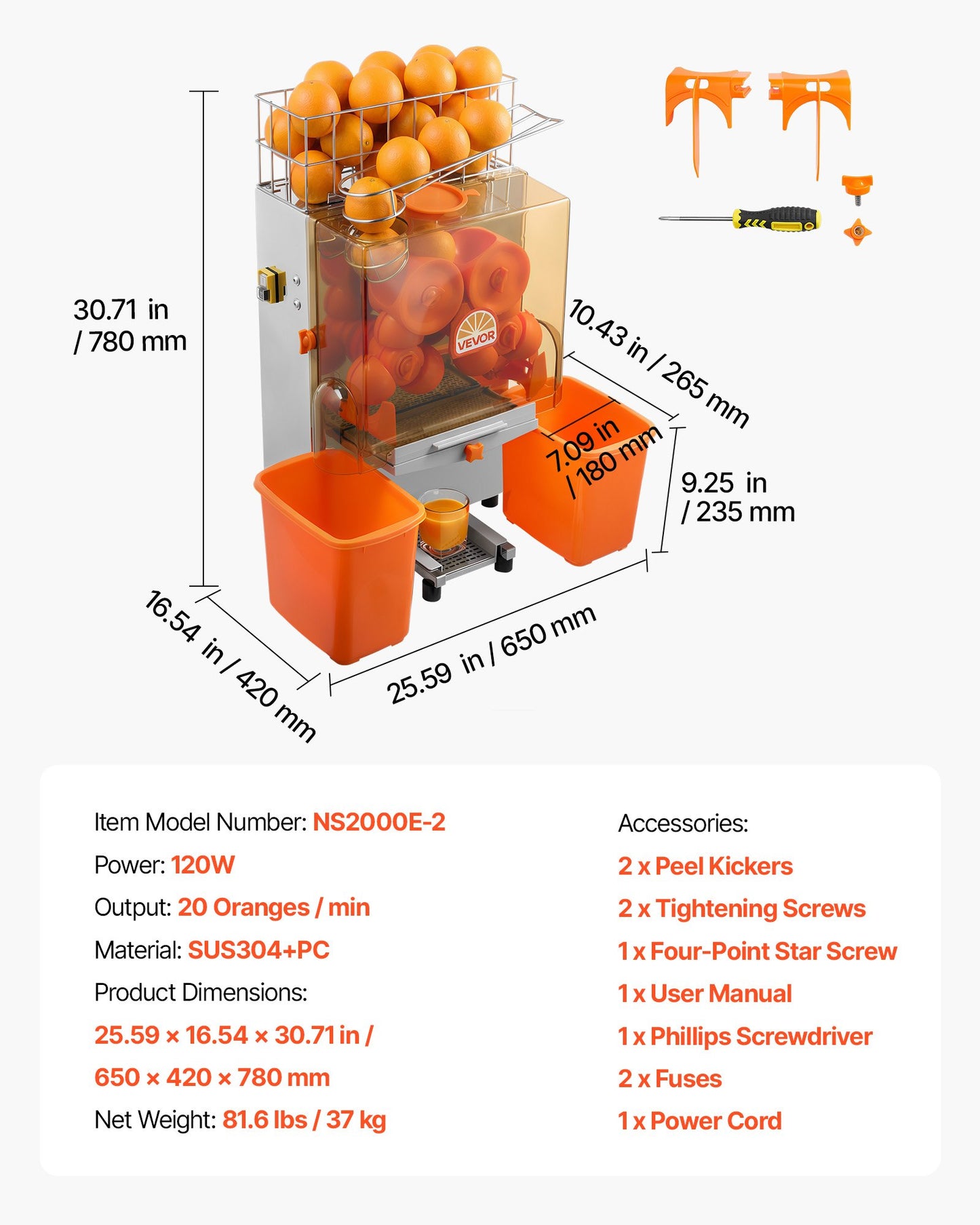 Commercial Orange Juicer Machine, 120W Electric Orange Juice Press, Stainless Steel Orange Squeezer for 20 per Minute, Lemon Citrus Pomegranates Extractor with Peels Collecting Bucket