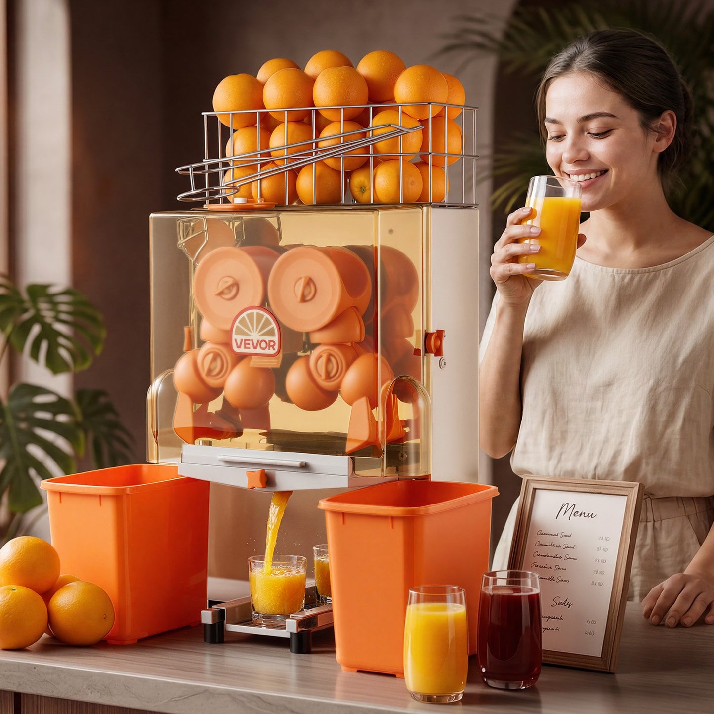 Commercial Orange Juicer Machine, 120W Electric Orange Juice Press, Stainless Steel Orange Squeezer for 20 per Minute, Lemon Citrus Pomegranates Extractor with Peels Collecting Bucket