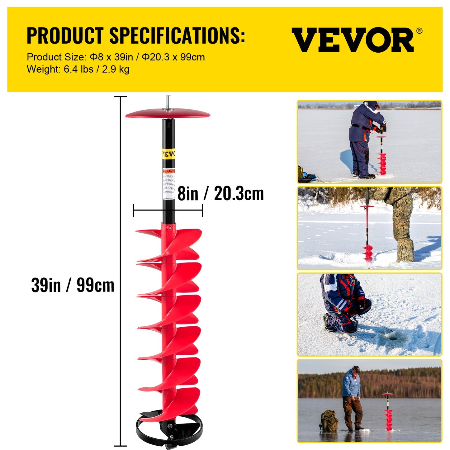 VEVOR Ice Drill Auger, 8\" Diameter Nylon Ice Auger, 39\" Length Ice Auger Bit,Auger