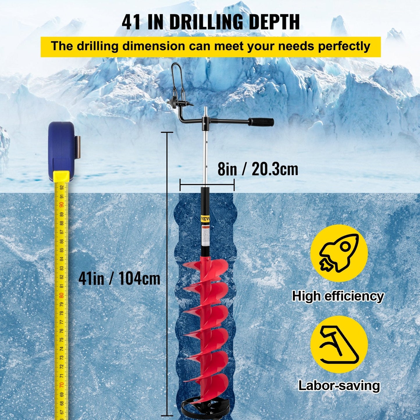 Ice Drill Auger with Adjustable Extension, 20 cm Diameter, 104-122 cm Length