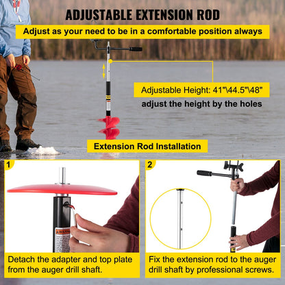 Ice Drill Auger with Adjustable Extension, 20 cm Diameter, 104-122 cm Length
