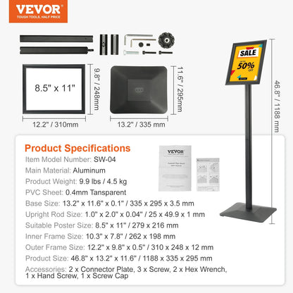 Adjustable Pedestal Sign Holder with Heavy-Duty Metal Base for Indoor/Outdoor Use
