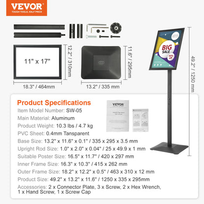 VEVOR Pedestal Sign Holder Adjustable Poster Stand 11 x 17 Inch Metal Base
