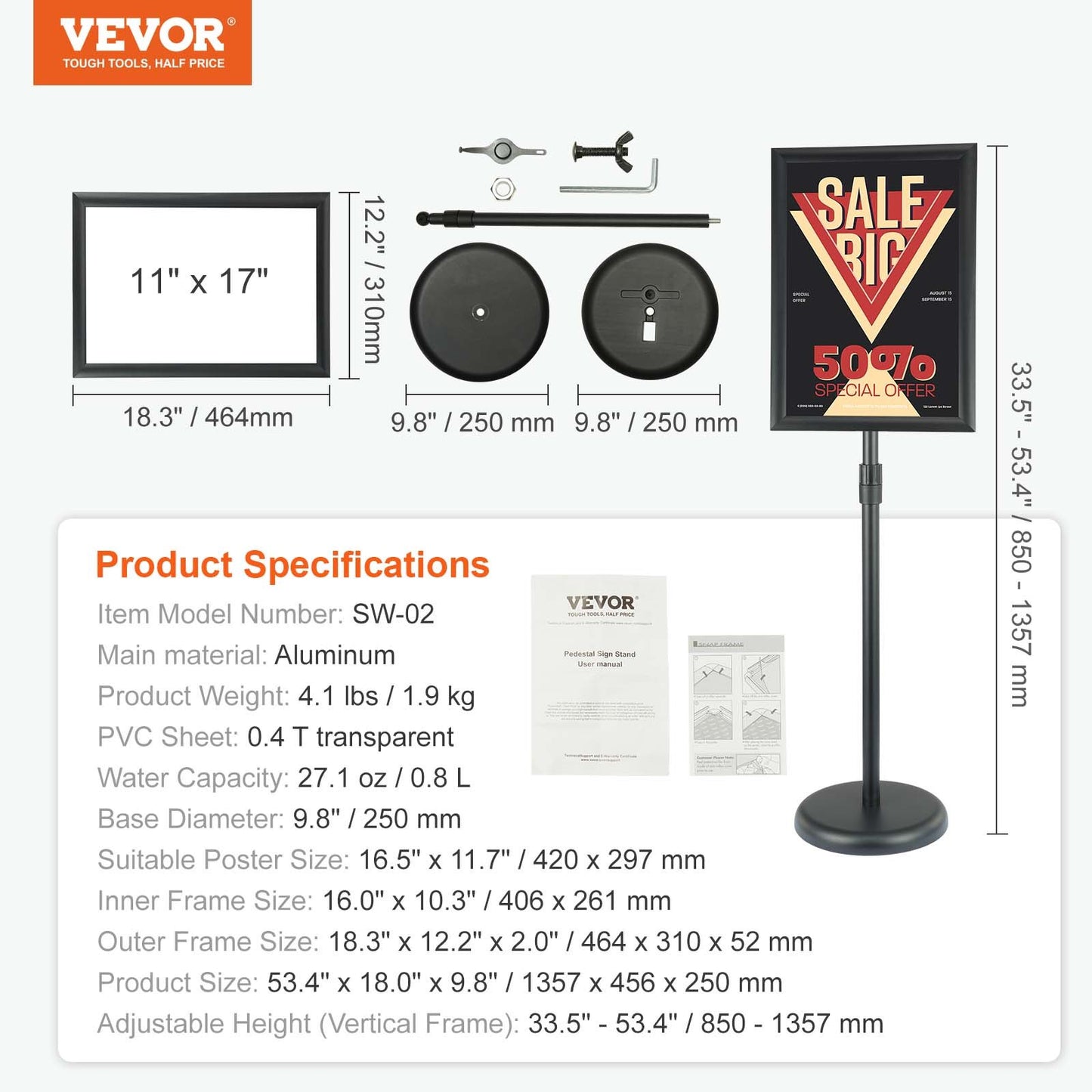 VEVOR Pedestal Sign Holder, 11 x 17 Inch Vertical and Horizontal Adjustable Poster