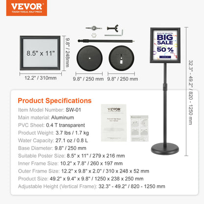 VEVOR Pedestal Sign Holder, 8.5 x 11 Inch Vertical and Horizontal Adjustable Poster