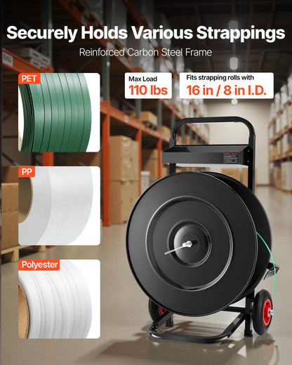 Banding Strapping Cart, Fit for PET/PP/Polyester Strapping Coils with 20.3/40.6 cm Core Size, Heavy Duty Strapping Dispenser Equipped with Upgrade Brake System, Built-in Spacious Tray for Tools