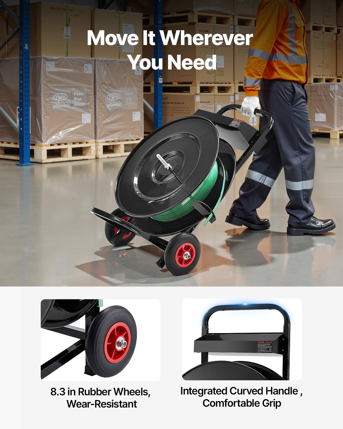 Banding Strapping Cart, Fit for PET/PP/Polyester Strapping Coils with 20.3/40.6 cm Core Size, Heavy Duty Strapping Dispenser Equipped with Upgrade Brake System, Built-in Spacious Tray for Tools