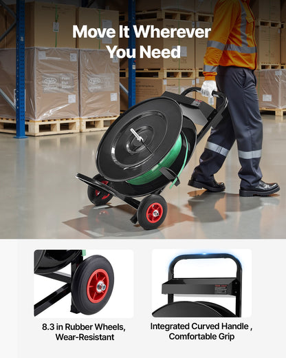 Banding Strapping Cart, Fit for PET/PP/Polyester Strapping Coils with 20.3/40.6 cm Core Size, Heavy Duty Strapping Dispenser Equipped with Upgrade Brake System, Built-in Spacious Tray for Tools