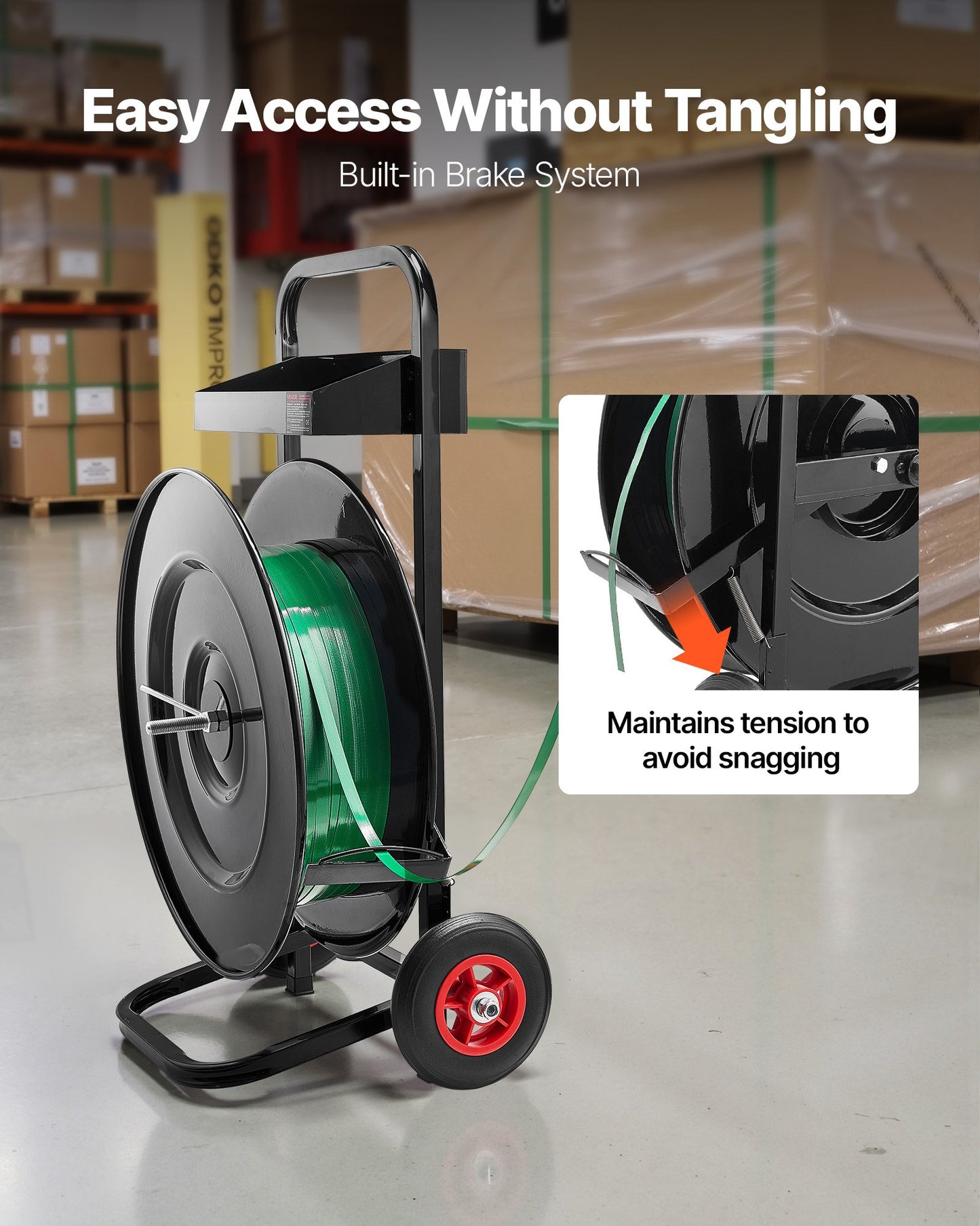 Banding Strapping Cart, Fit for PET/PP/Polyester Strapping Coils with 20.3/40.6 cm Core Size, Heavy Duty Strapping Dispenser Equipped with Upgrade Brake System, Built-in Spacious Tray for Tools