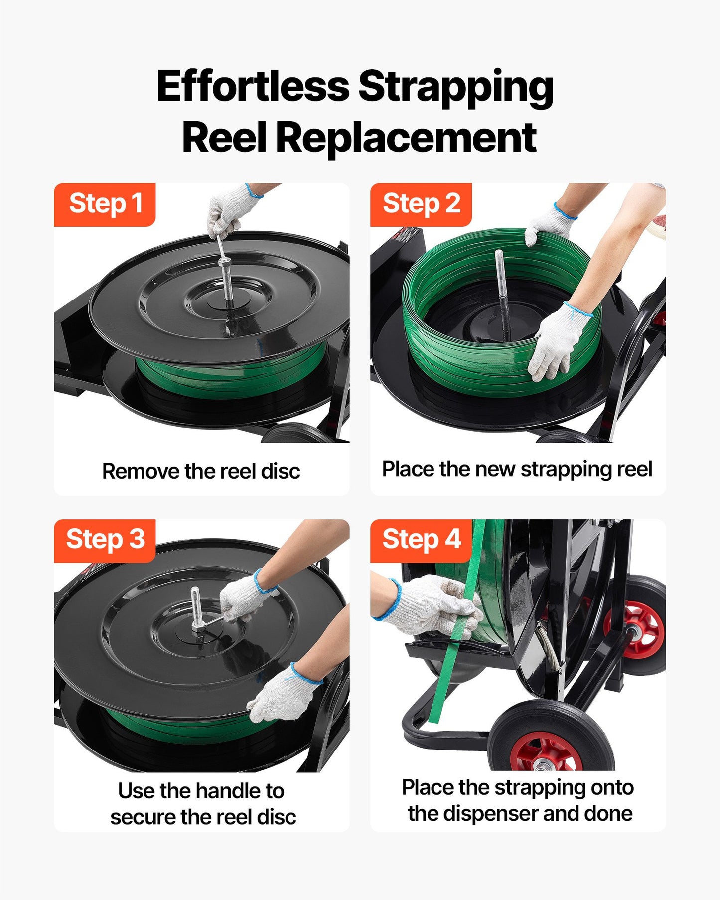 Banding Strapping Cart, Fit for PET/PP/Polyester Strapping Coils with 20.3/40.6 cm Core Size, Heavy Duty Strapping Dispenser Equipped with Upgrade Brake System, Built-in Spacious Tray for Tools
