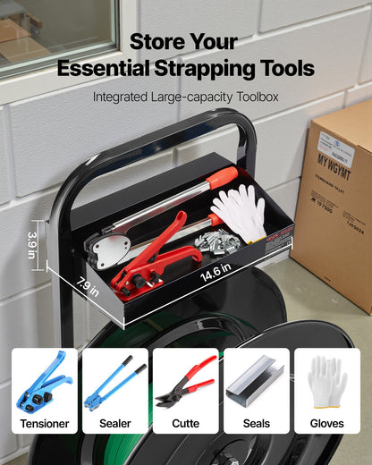 Banding Strapping Cart, Fit for PET/PP/Polyester Strapping Coils with 20.3/40.6 cm Core Size, Heavy Duty Strapping Dispenser Equipped with Upgrade Brake System, Built-in Spacious Tray for Tools