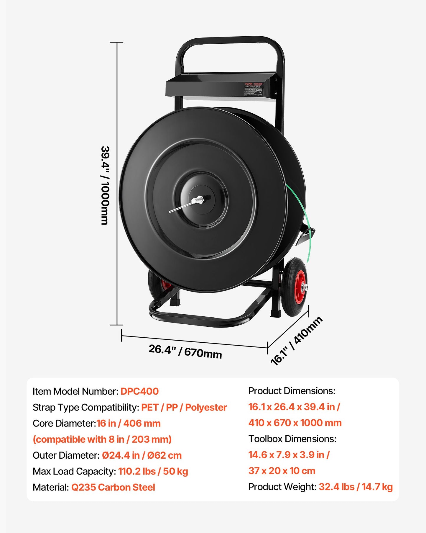 Banding Strapping Cart, Fit for PET/PP/Polyester Strapping Coils with 20.3/40.6 cm Core Size, Heavy Duty Strapping Dispenser Equipped with Upgrade Brake System, Built-in Spacious Tray for Tools