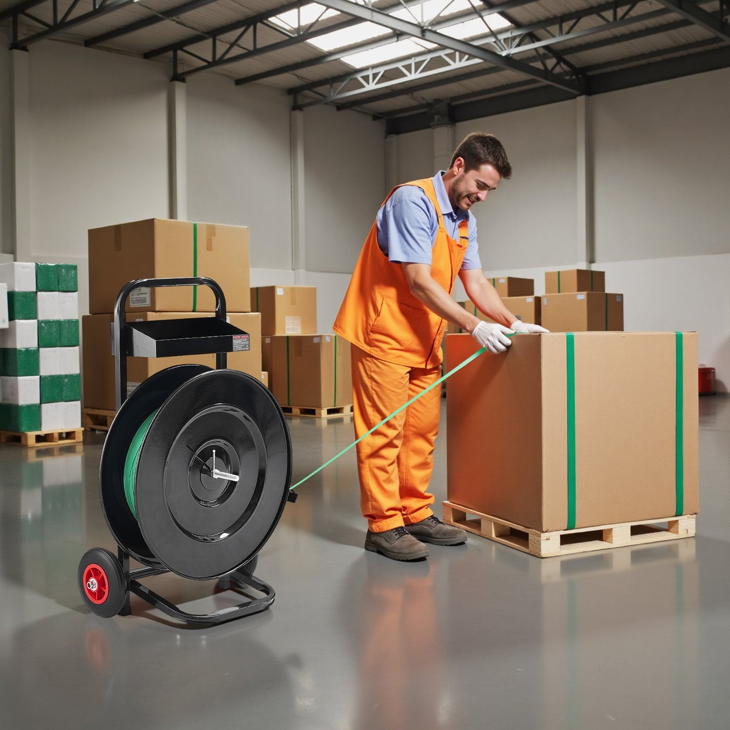 Banding Strapping Cart, Fit for PET/PP/Polyester Strapping Coils with 20.3/40.6 cm Core Size, Heavy Duty Strapping Dispenser Equipped with Upgrade Brake System, Built-in Spacious Tray for Tools