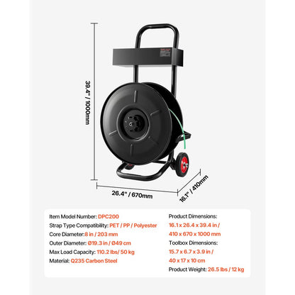 Banding Strapping Cart, Fit for PET / PP / Polyester Strapping Coils with 20.3 cm Core Size, Heavy Duty Strapping Dispen