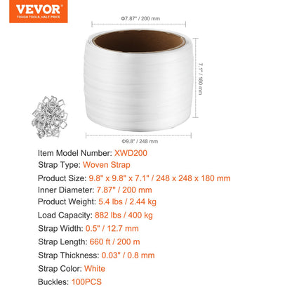 VEVOR Packaging Woven Strapping Roll 12.7mm x 0.8mm x 200m Banding Strap 400 kg