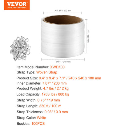 VEVOR Packaging Woven Strapping Roll 19 mm x 0.9 mm x 100 m Banding Strap 800 kg