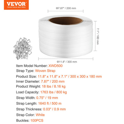 VEVOR Packaging Woven Strapping Roll 19 mm x 0.9 mm x 500 m Banding Strap 800 kg