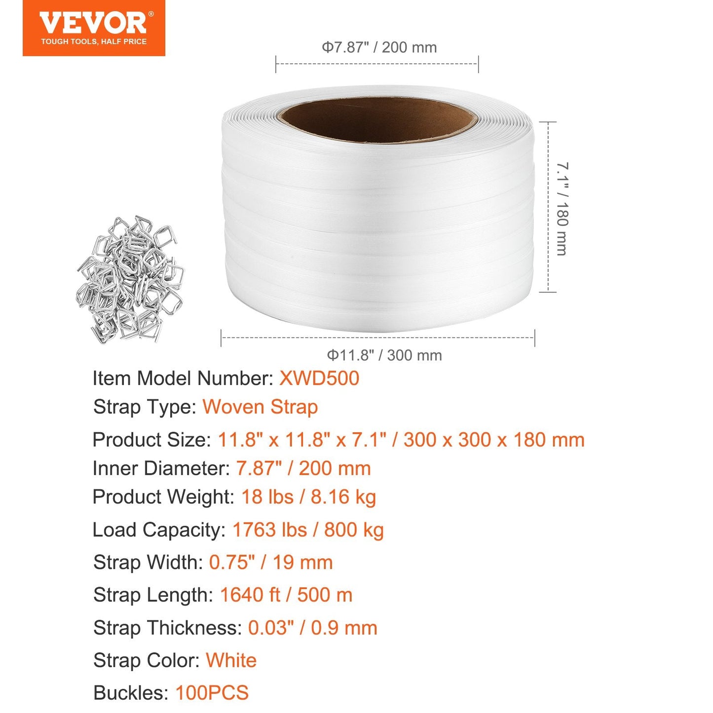 Heavy-Duty Woven Strapping Roll 19 mm x 0.9 mm x 500 m, 800 kg Capacity