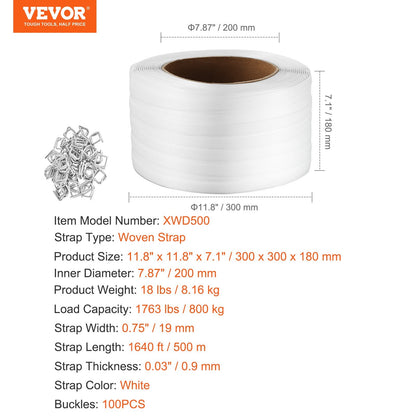 Heavy-Duty Woven Strapping Roll 19 mm x 0.9 mm x 500 m, 800 kg Capacity