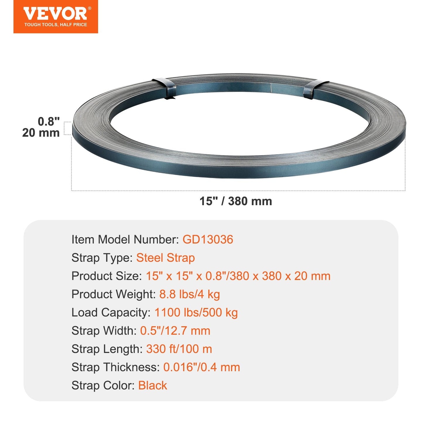 Heavy-Duty Steel Strapping Roll 12.7mm x 0.4mm x 100m, 500 kg Capacity
