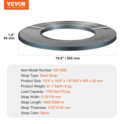 Heavy-Duty Steel Strapping Roll 19mm x 0.55mm x 500m, 770kg Capacity