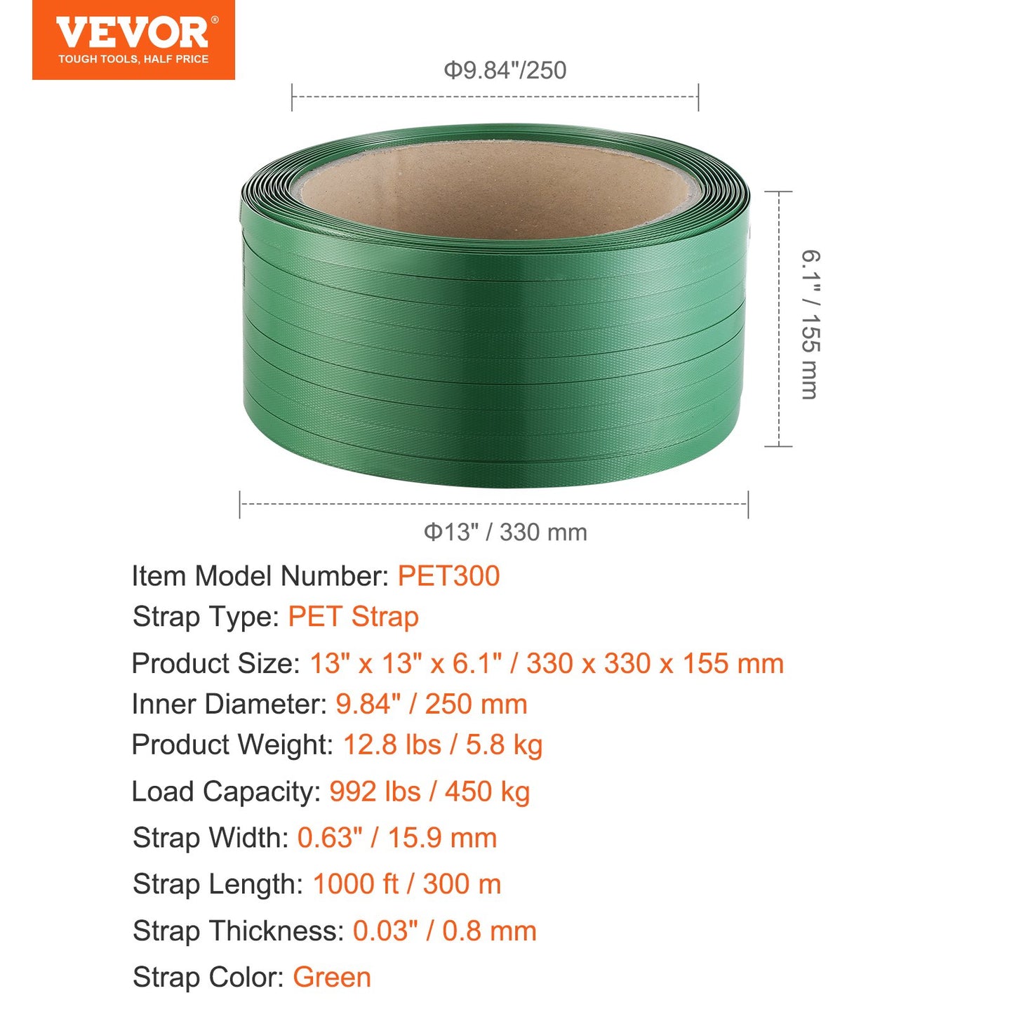 VEVOR Packaging Polyester PET Strapping Roll 15.9mm x 0.8mm x 300m Banding Strap