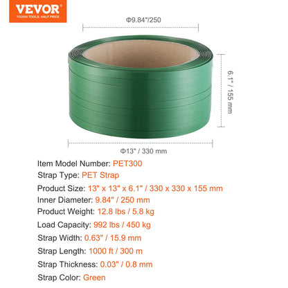VEVOR Packaging Polyester PET Strapping Roll 15.9mm x 0.8mm x 300m Banding Strap