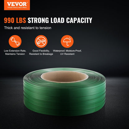 Heavy-Duty 15.9mm x 0.8mm x 1200m PET Strapping Roll, 450kg Capacity, Green
