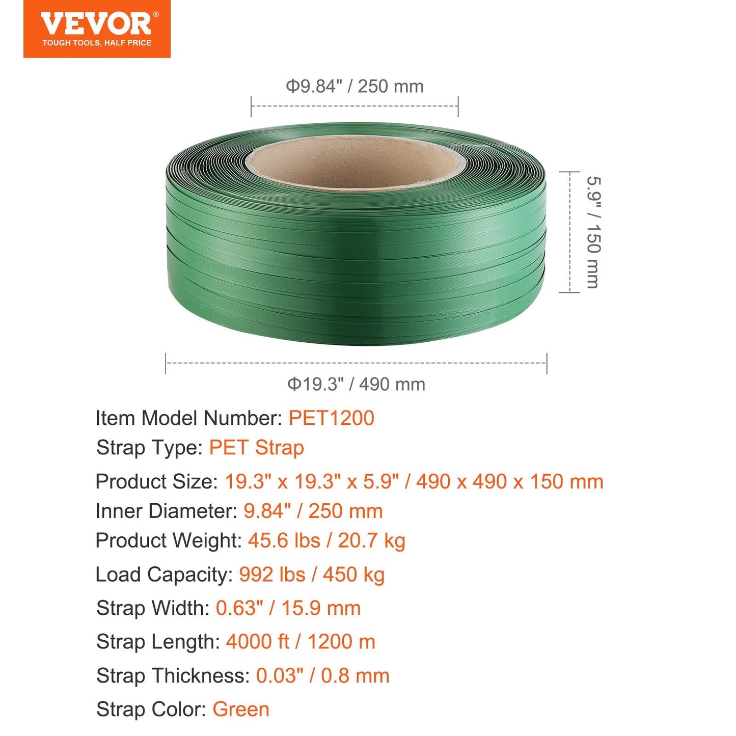 Heavy-Duty 15.9mm x 0.8mm x 1200m PET Strapping Roll, 450kg Capacity, Green