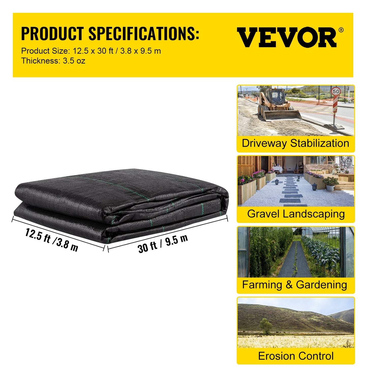 Geotextile Fabric, 3.8 x 9.15 m 3.5oz Woven PP Driveway Drain Cloth with 600lbs Tensile Strength, Heavy Duty Underlayment for Soil Stabilization, Landscaping, Weed Barrier, 12.5FT30FT-3.5OZ, Bla