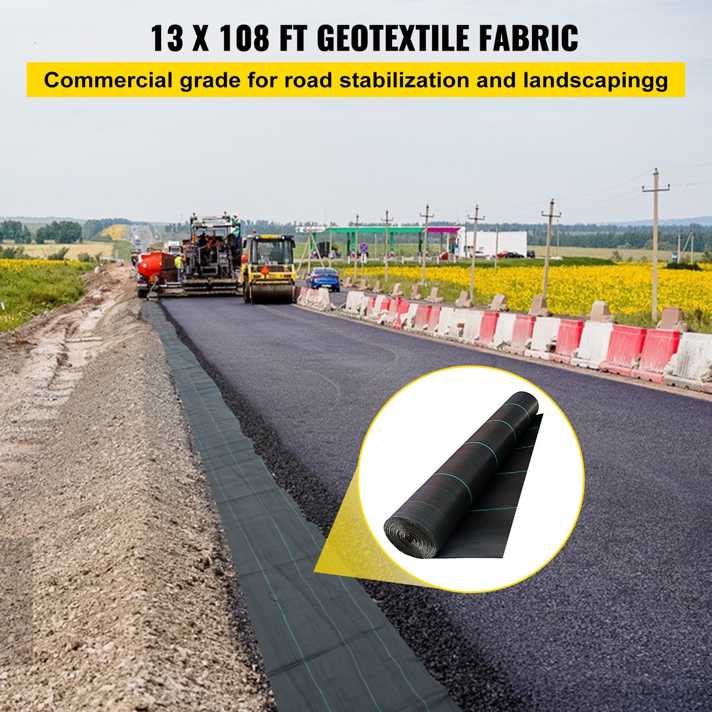 VEVOR Driveway Fabric Stabilization Geotextile Fabric 13x108' Underlayment Black