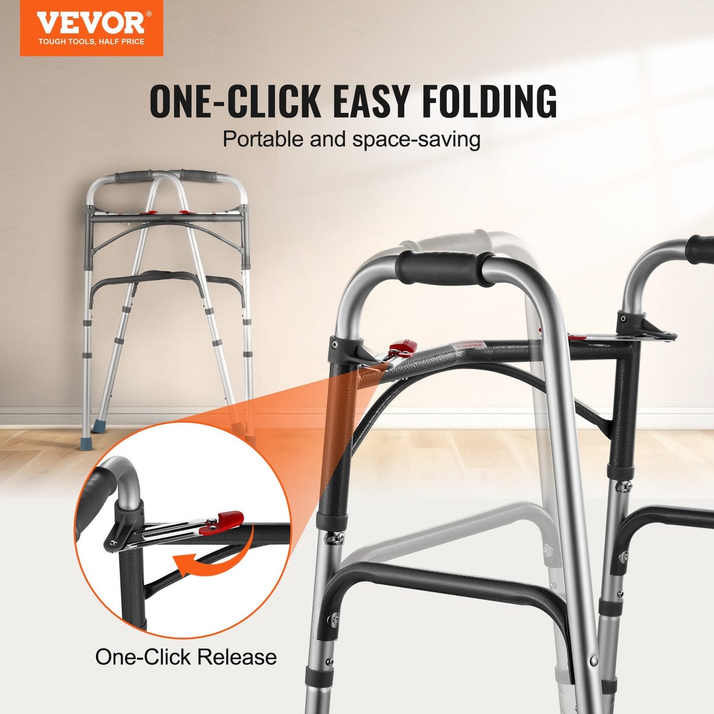 Folding Aluminum Walker with Adjustable Height, Supports Up to 160 kg