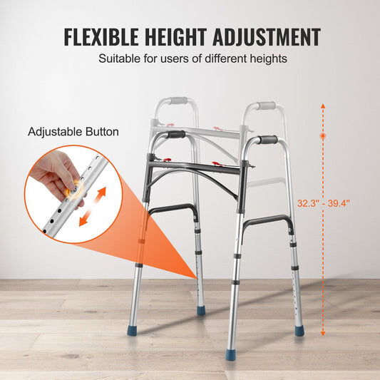 Folding Aluminum Walker with Adjustable Height, Supports Up to 160 kg