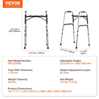 VEVOR Folding Walker Aluminum Mobility Walker Aid with Adjustable Height 350LBS