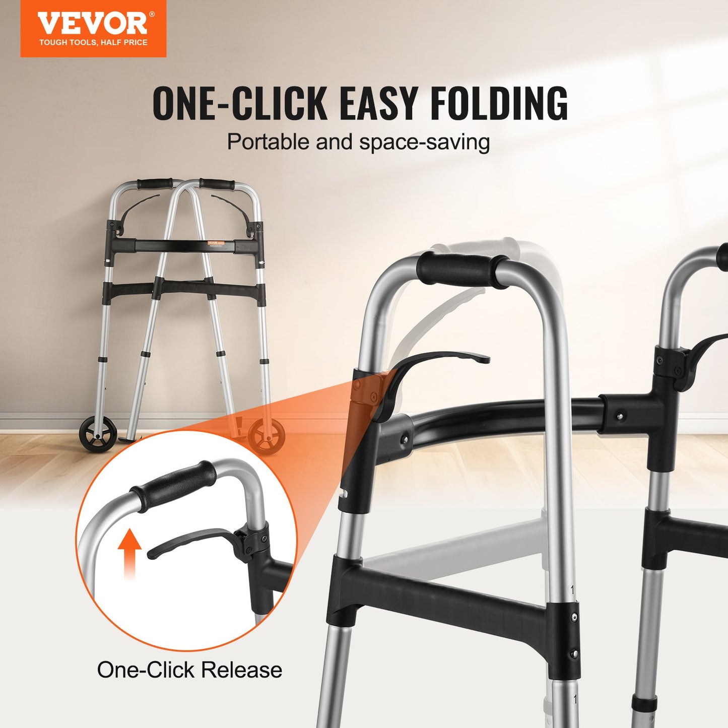 VEVOR Folding Walker Aluminum Mobility Walker Aid with Adjustable Height & Wheel