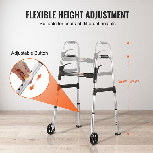 Folding Aluminum Walker with Adjustable Height & Wheels, Supports Up to 159 kg