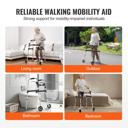 Folding Aluminum Walker with Adjustable Height & Wheels, Supports Up to 159 kg