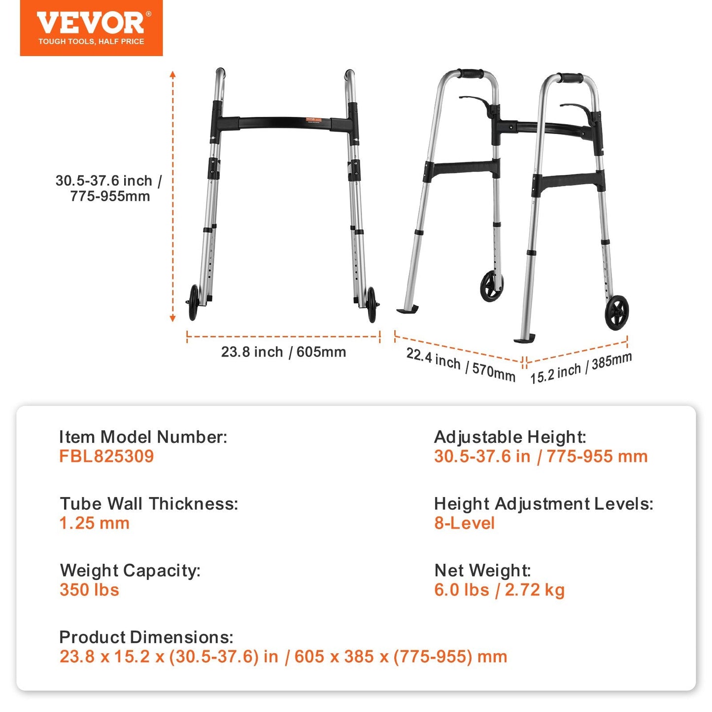 Folding Aluminum Walker with Adjustable Height & Wheels, Supports Up to 159 kg