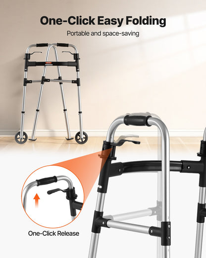 Folding Walker, 2-Button Foldable Walker with Solid Wheels & 8-Level Adjustable Height, 159KG Loading Lightweight Aluminum Mobility Walking Aid, Front-Wheeled Rolling Walkers for Seniors Adults