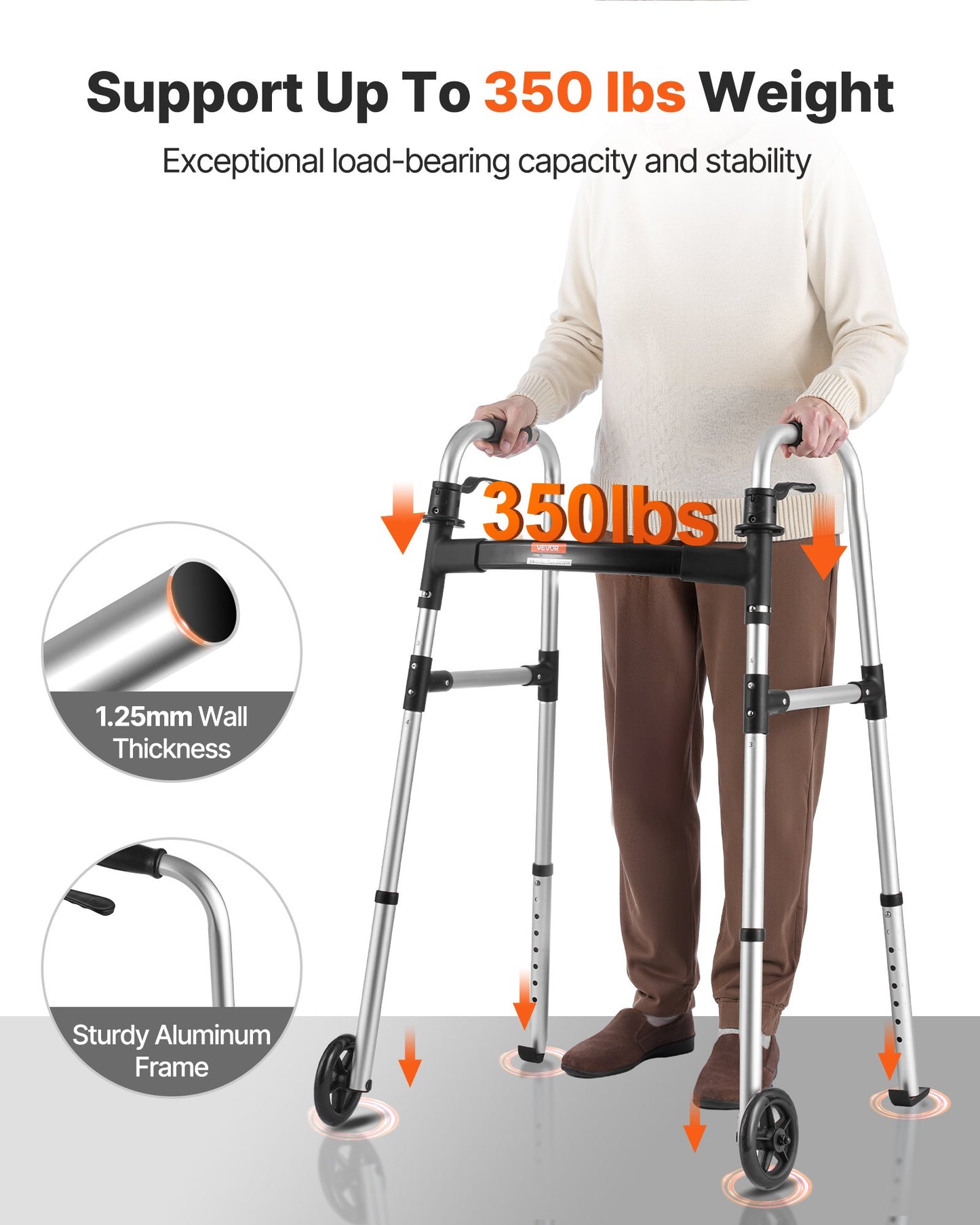 Folding Walker, 2-Button Foldable Walker with Solid Wheels & 8-Level Adjustable Height, 159KG Loading Lightweight Aluminum Mobility Walking Aid, Front-Wheeled Rolling Walkers for Seniors Adults