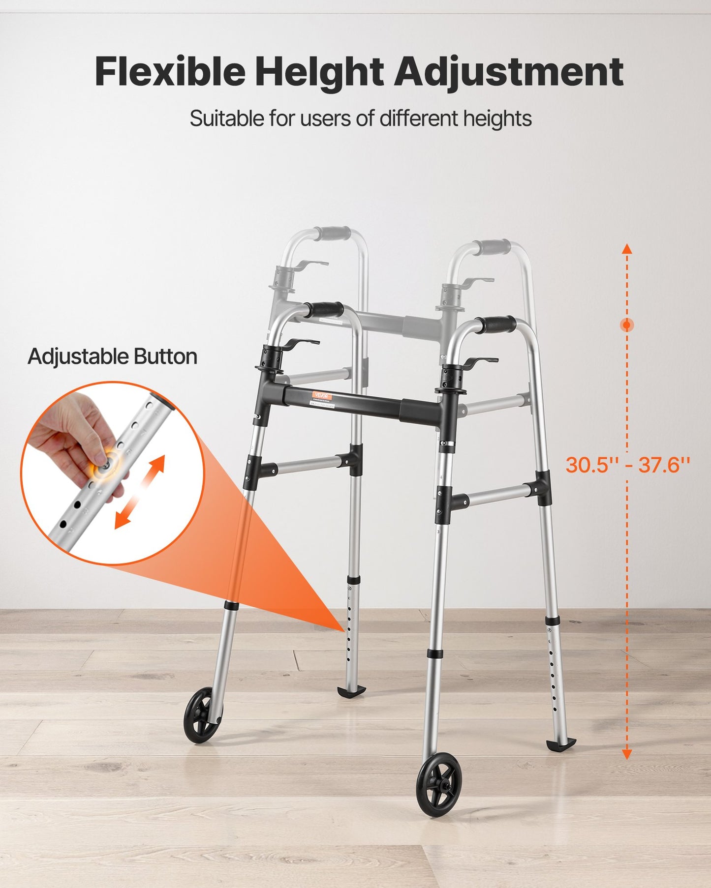 Folding Walker, 2-Button Foldable Walker with Solid Wheels & 8-Level Adjustable Height, 159KG Loading Lightweight Aluminum Mobility Walking Aid, Front-Wheeled Rolling Walkers for Seniors Adults