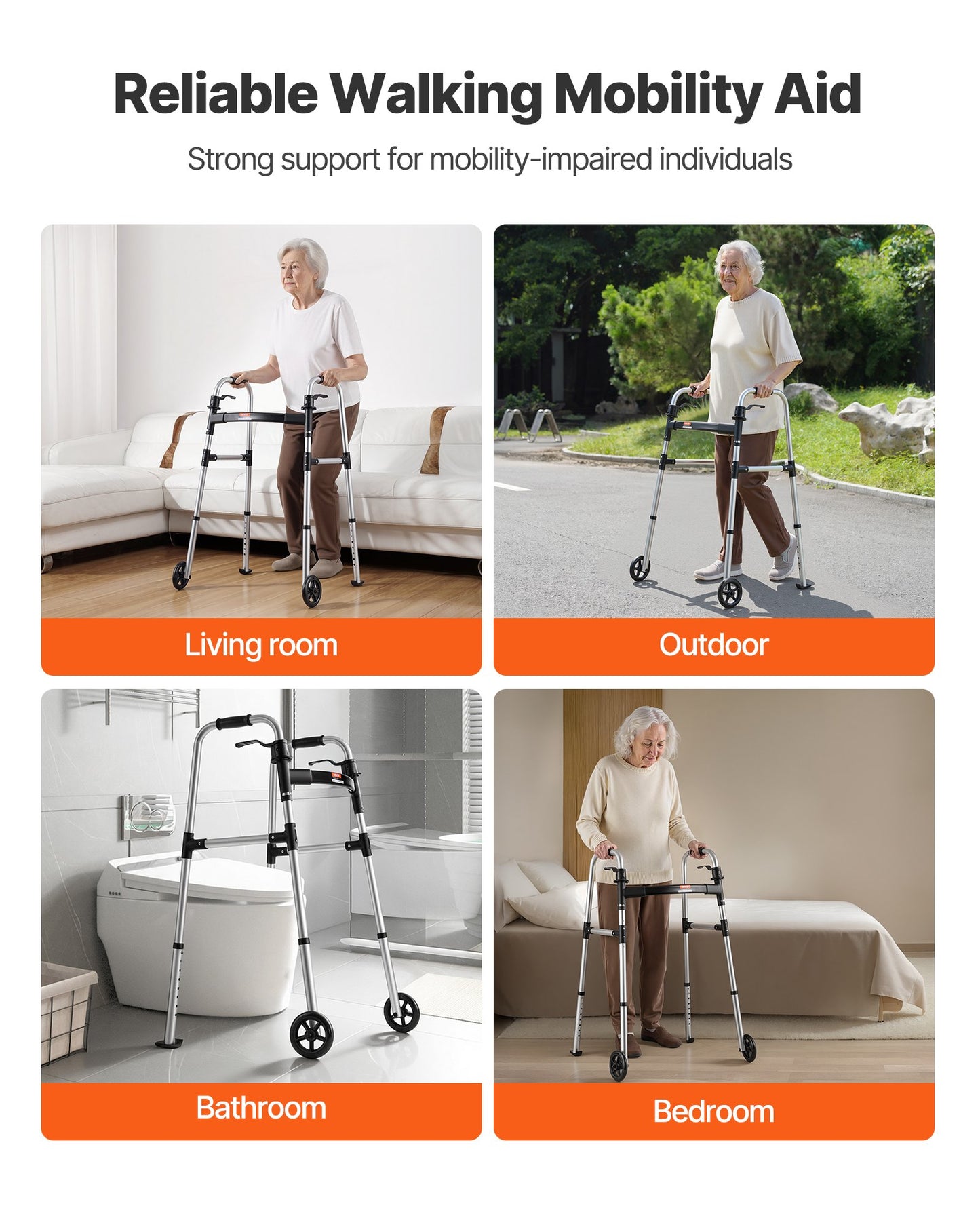Folding Walker, 2-Button Foldable Walker with Solid Wheels & 8-Level Adjustable Height, 159KG Loading Lightweight Aluminum Mobility Walking Aid, Front-Wheeled Rolling Walkers for Seniors Adults